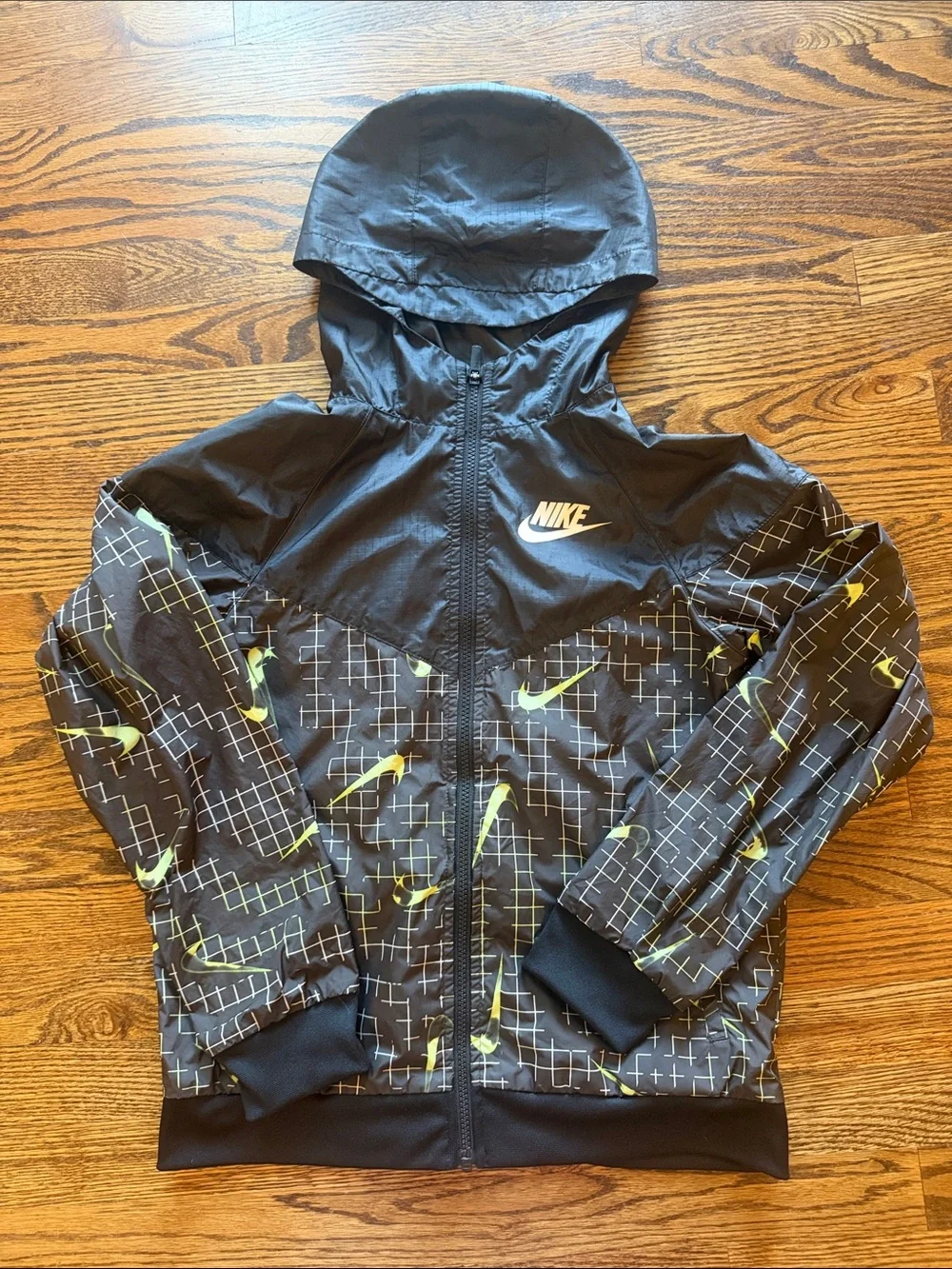 Nike Black Jacket with Neon Yellow-Green Swoosh Accents